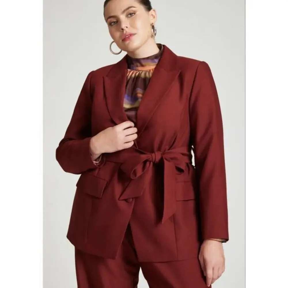 Eloquii Longline Blazer Womens 18 Red Belted Three Button Notched Lapel